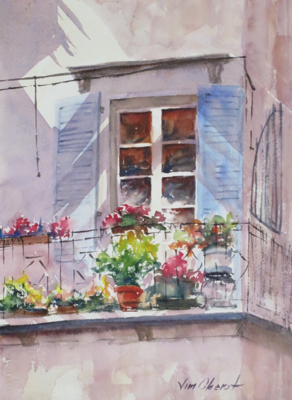 landscape, cityscape, balcony, garden, flowers, door, railing, flowerpot, original watercolor painting, oberst